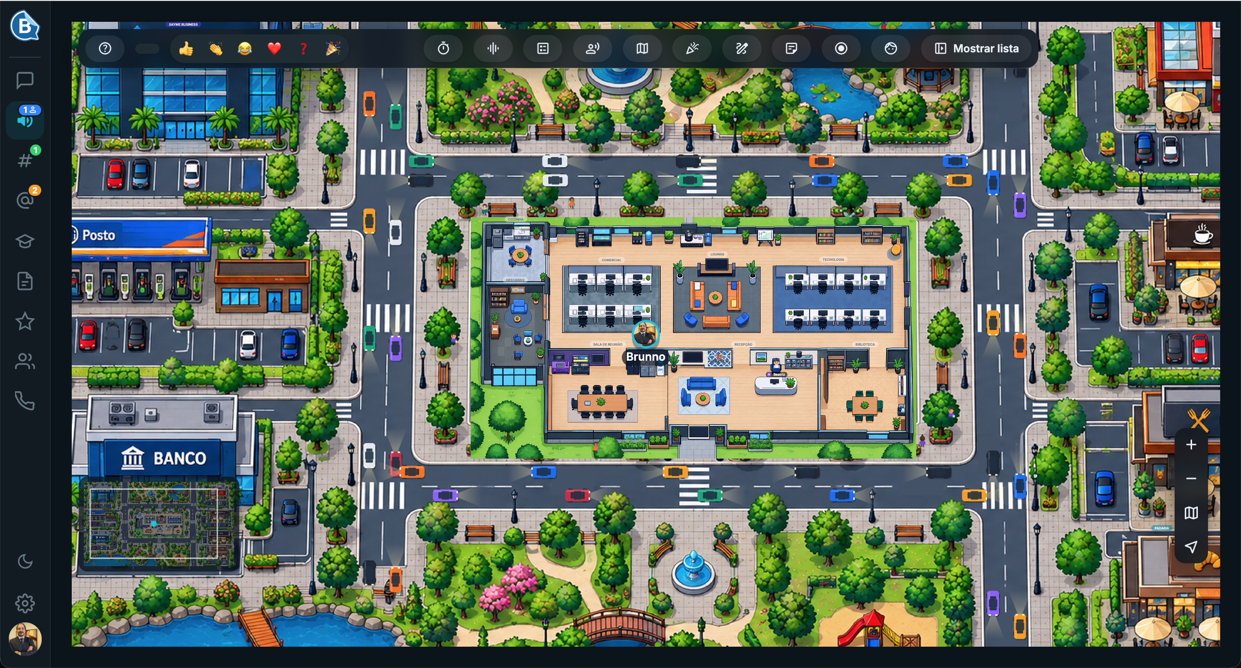 Cidade virtual do SayMe Business vista de cima, com o escritório da empresa no centro do quarteirão, ruas, parque, banco e cafés em volta