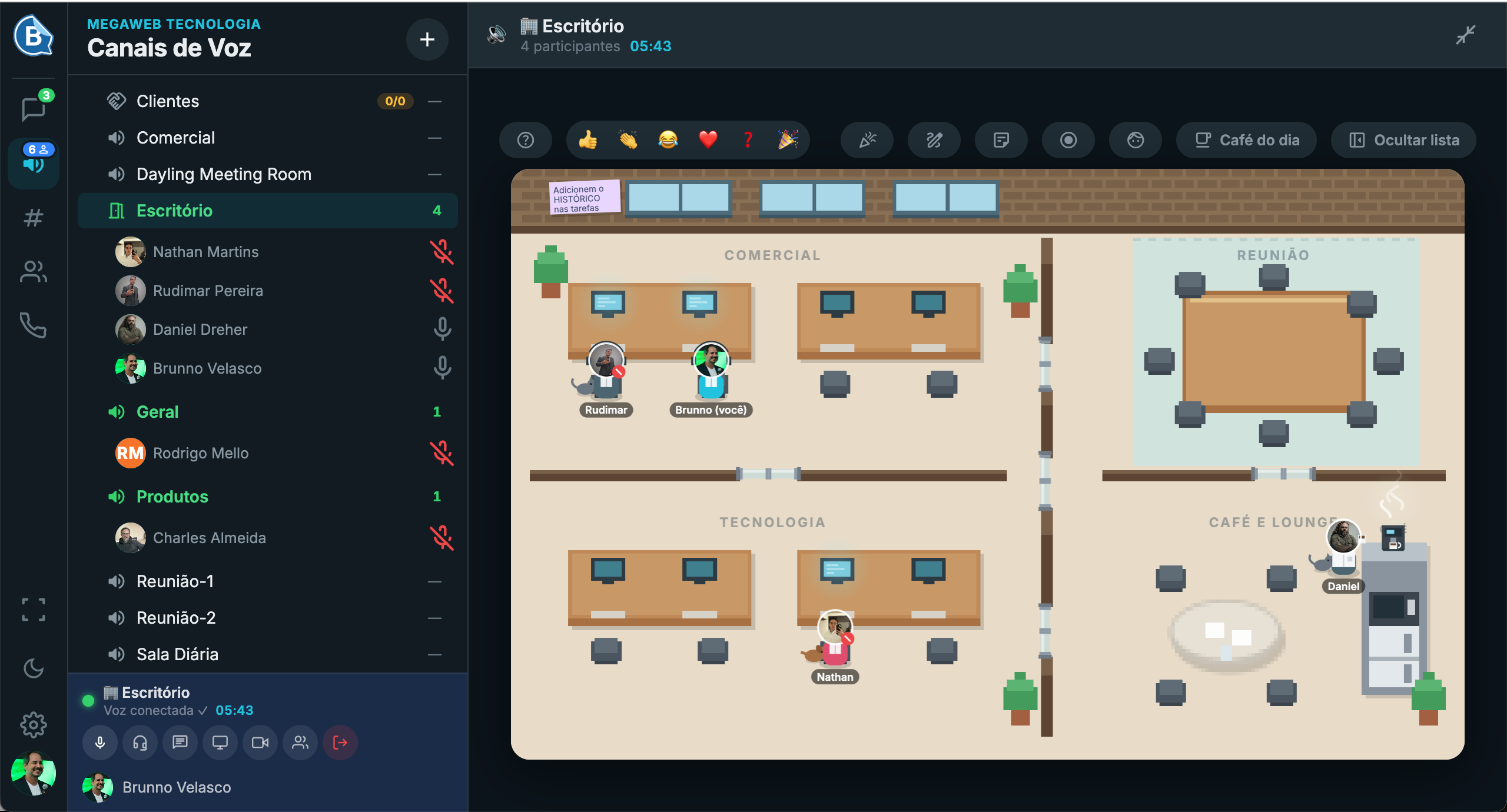 Aplicativo SayMe Business com a lista de canais de voz à esquerda e a planta do escritório virtual à direita