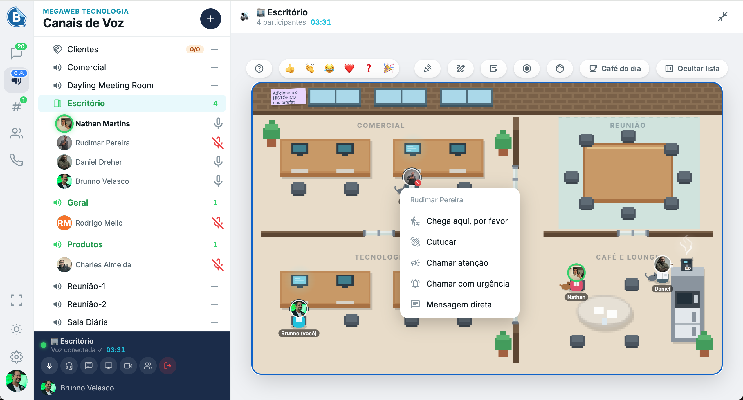 Menu de interação sobre o avatar de um colaborador no escritório virtual: chega aqui por favor, cutucar, chamar atenção, chamar com urgência e mensagem direta