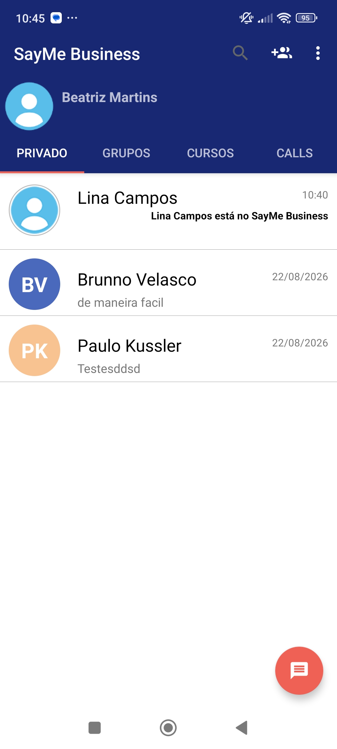 App SayMe Business no Android com a lista de conversas